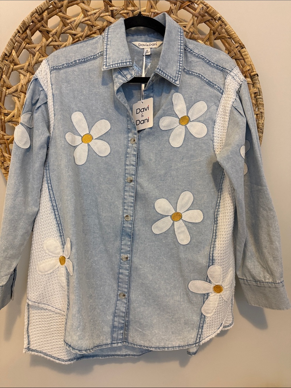 DAVI & DANI Light Blue Denim Shirt with White Daisy Appliqués
